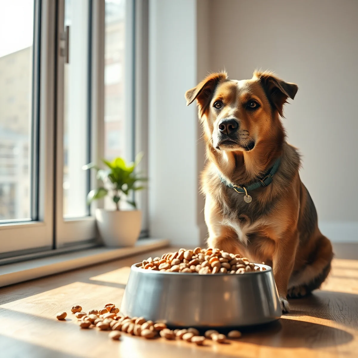 A calm, healthy adult dog sitting beside a neatly arranged food bowl on a wooden floor, sunlight streaming through the window softly illuminating the food and the dog's fur.
