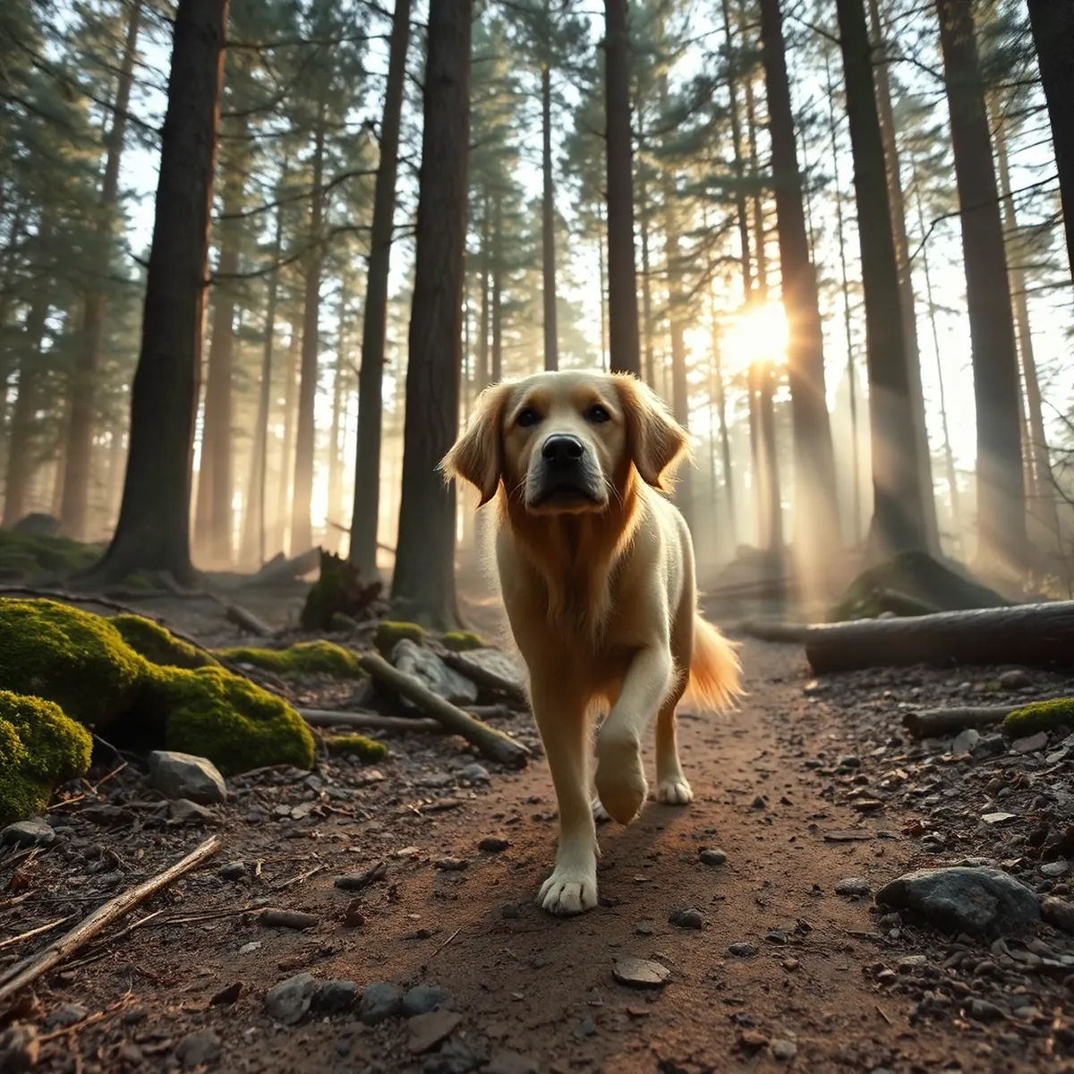 A golden-colored pug walking quietly on a forest path where morning sunlight filters through the gaps between leaves.