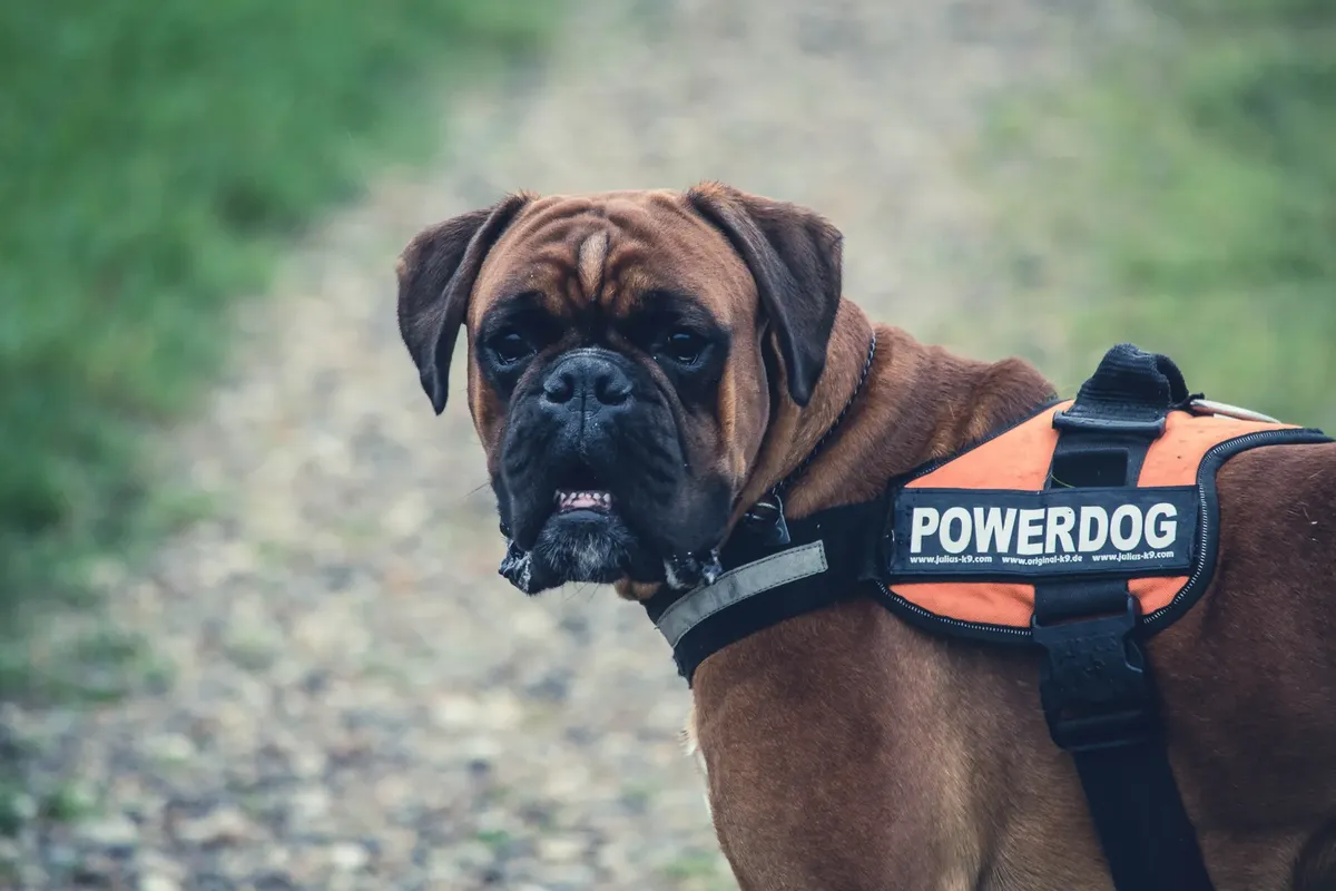 Brown boxer dog wearing a Powerdog harness in an outdoor park setting looking alert and focused.