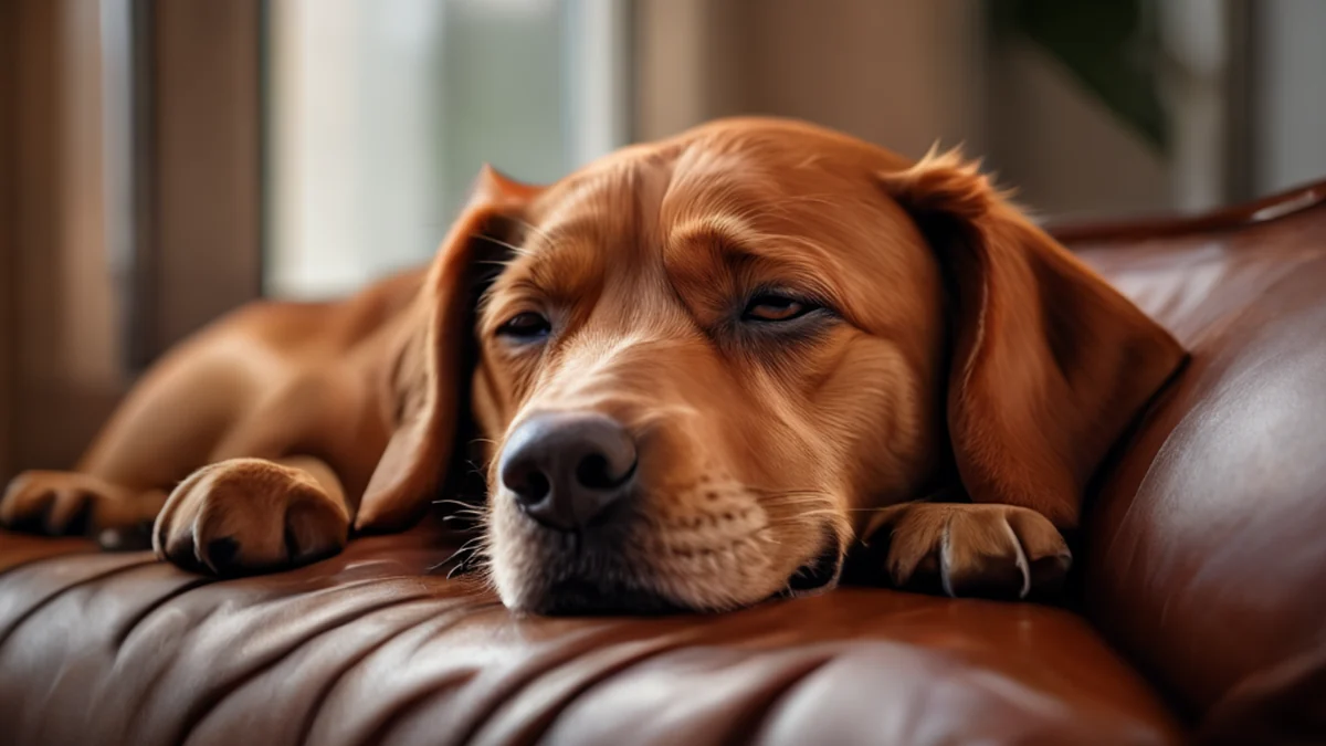 Ein Hund schnarcht leise, während er auf einem weichen Boden liegt.