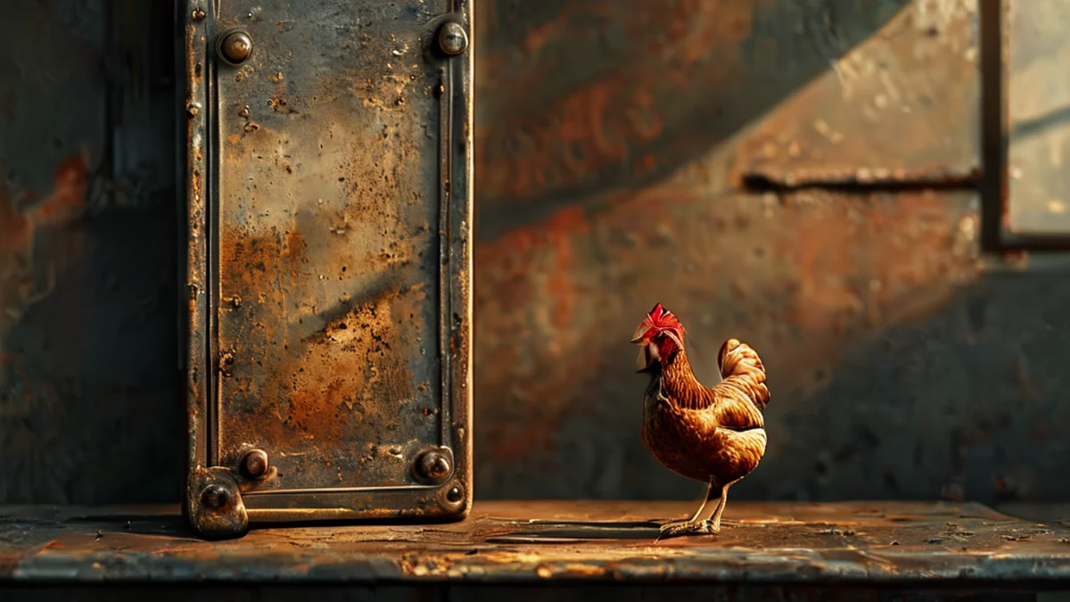 A bent poultry door, rusted steel surface, dented panel, on a metal table, warm side light, shallow depth of field, photorealistic, sharp focus, high detail