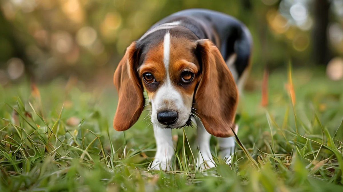 Un beagle renifle el suelo