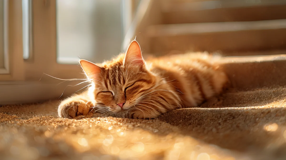 Gato en una escalera de arena, granos dorados, luz suave de la ventana, sobre un suelo de arena, profundidad de campo suave, detalles altos, realista