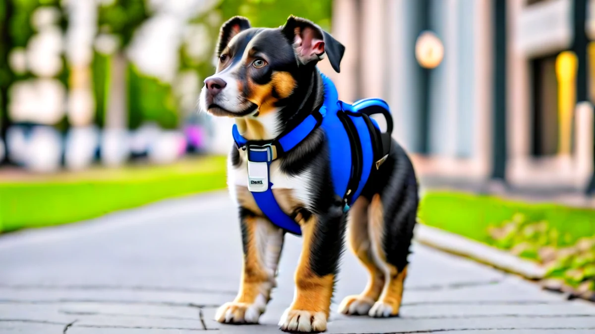 犬が胸 harnessを着用しています。