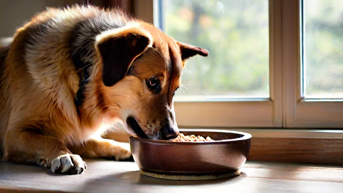 Een hond die eet van een bord, natuurlijk haar, bruin bord, zachte licht van het raam, lage diepte van veld, fotorealistisch, scherp focus, hoge details