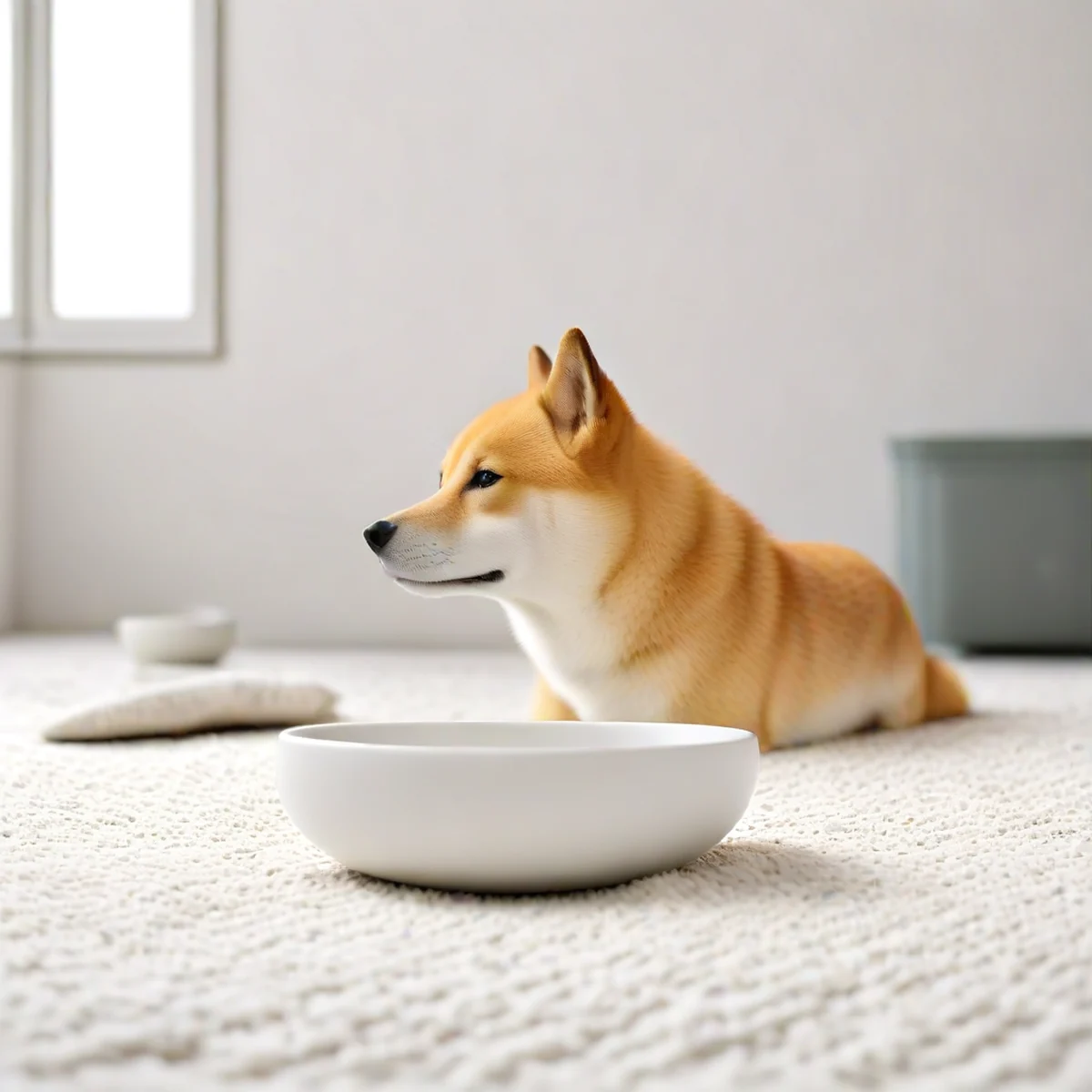 Foto editorial de un Shiba Inu descansando en interiores bajo luz diurna suave