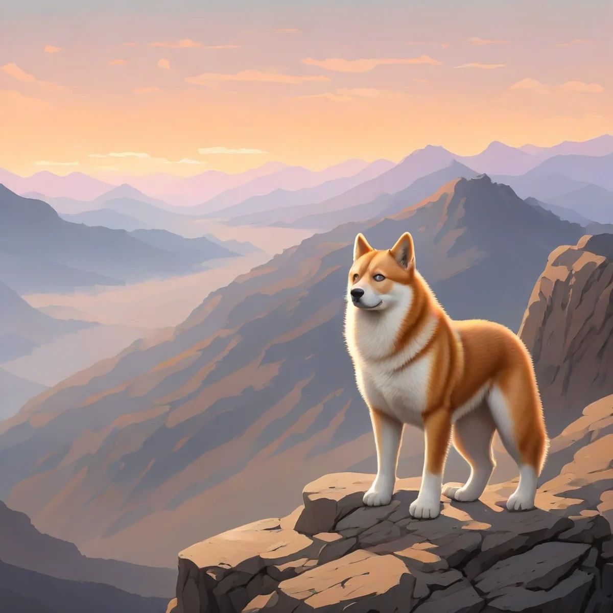 Arte conceptual de un Shiba Inu de pie en la cima de una colina rocosa