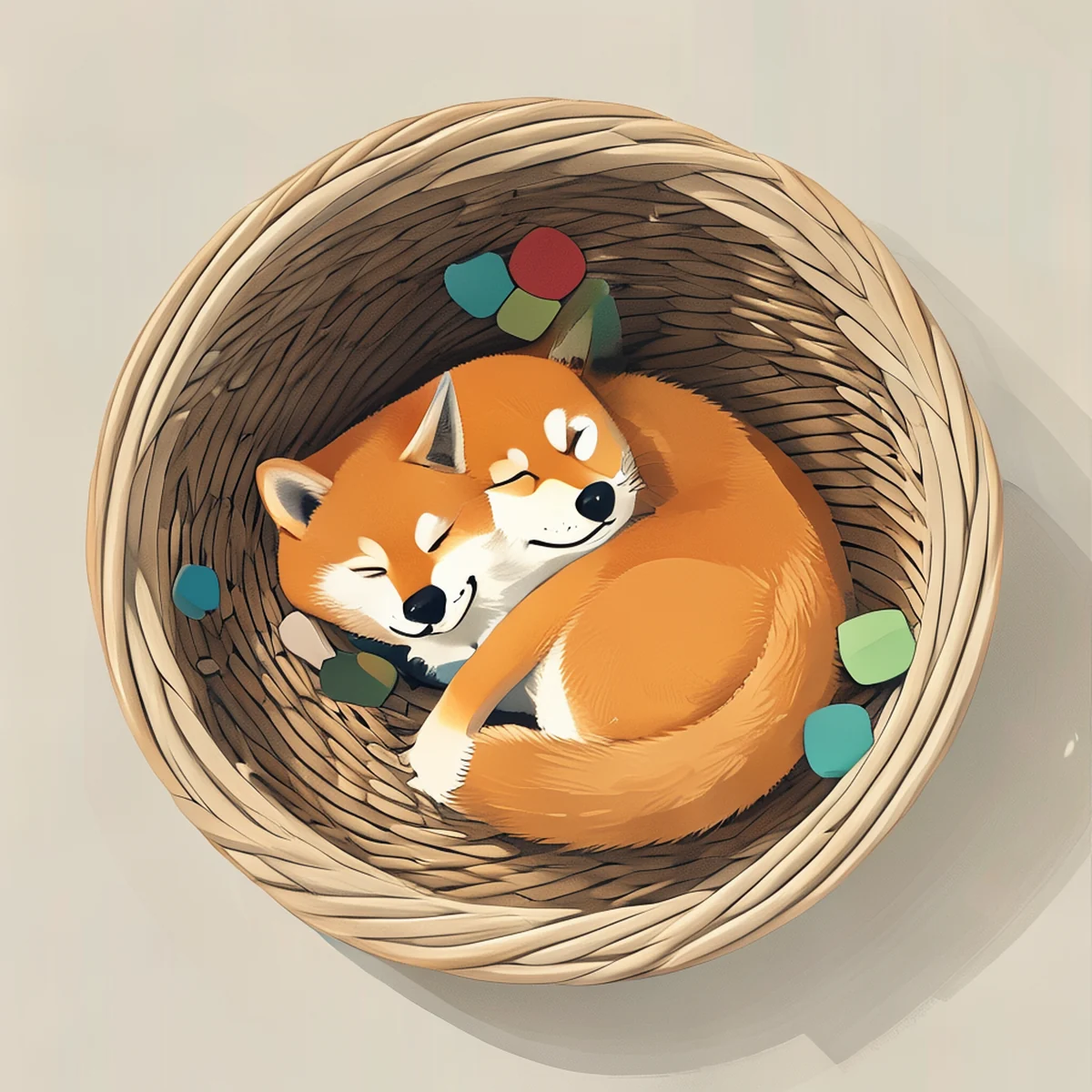 Illustrazione vettoriale dall'alto di un cane Shiba Inu che dorme in un cesto